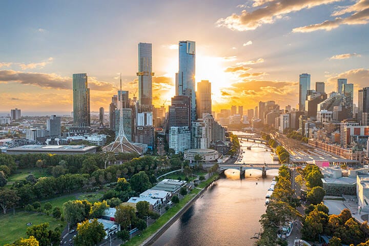 Aerial view of Southbank at sunset 