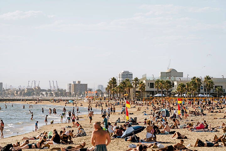 Crowds at St Kilda beach during the summer