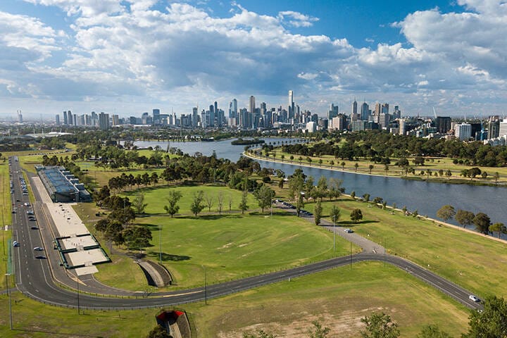View of Albert Park Lake looking north towards the Melbourne skyline