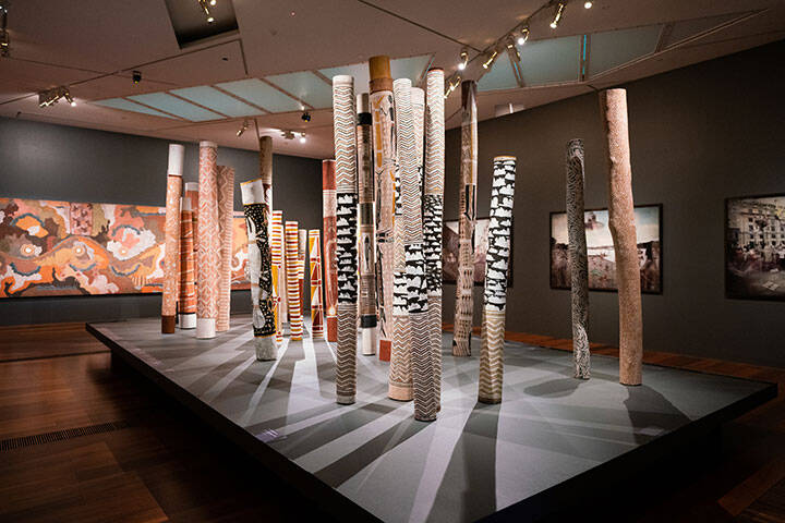 Several Hollow log coffin made by aboriginal people inside Ian Potter Centre NGV Australia in Melbourne.