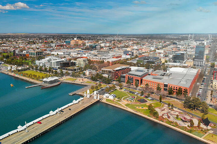 Geelong, Australia. Aerial view of city coastline from drone