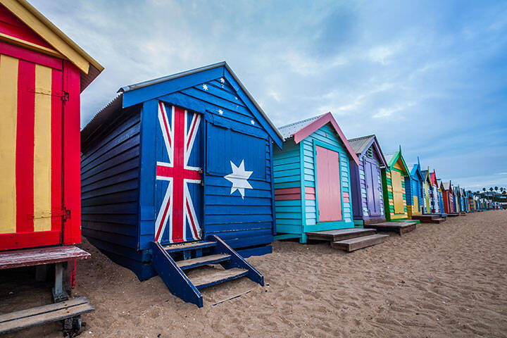 Colourful bathing boxes on Brighton Beach, Melbourne