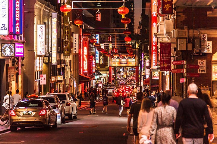 The many signs, lights and lanterns in the chinatown area in the centre of Melbourne