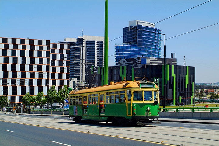 Green and gold tram in Melbourne