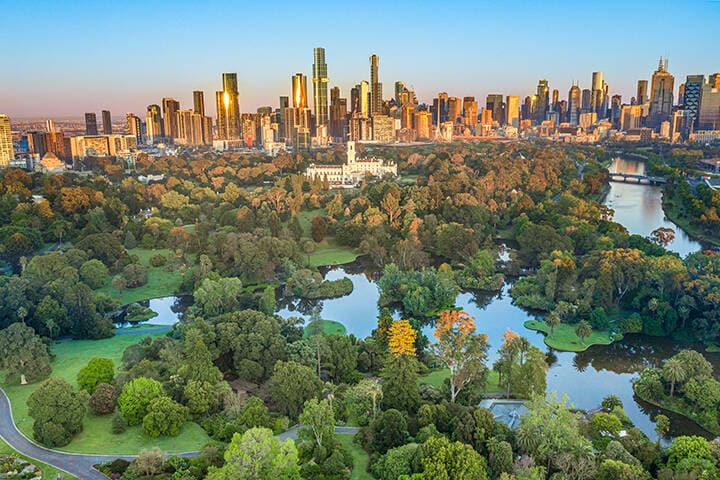 aerial view of Melbourne skyline and Royal Botanic Garden
