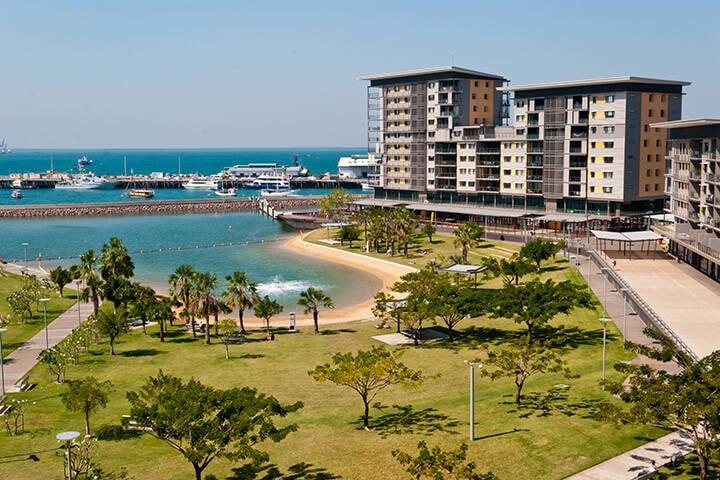 Darwin City Waterfront Precinct, which has restaurants, accommodation, swimming areas and parks