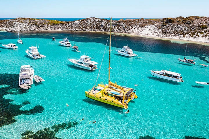 Aerial view of boats in Rottnest Island, perfect for swimming, snorkelling and enjoying the sunshine