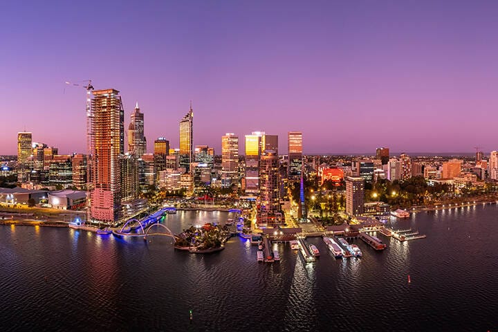 Panoramic aerial view of Elizabeth Quay and Perth's CBD in Western Australia at dusk  