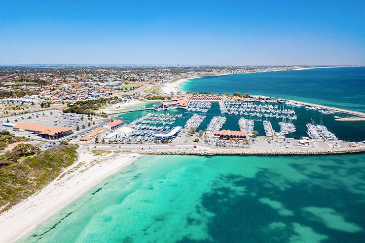 Aerial photograph of Hillarys Boat Harbour on the coast of Perth, Western Australia, Australia.  