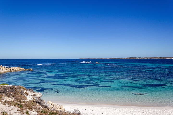 Salmon Bay on Rottnest Island with its vibrant blue waters perfect for snorkelling, Rottnest Island, Australia 