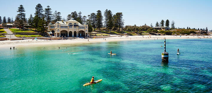 Aerial view of Cottesloe Beach, with Indiana Cottesloe in the background.