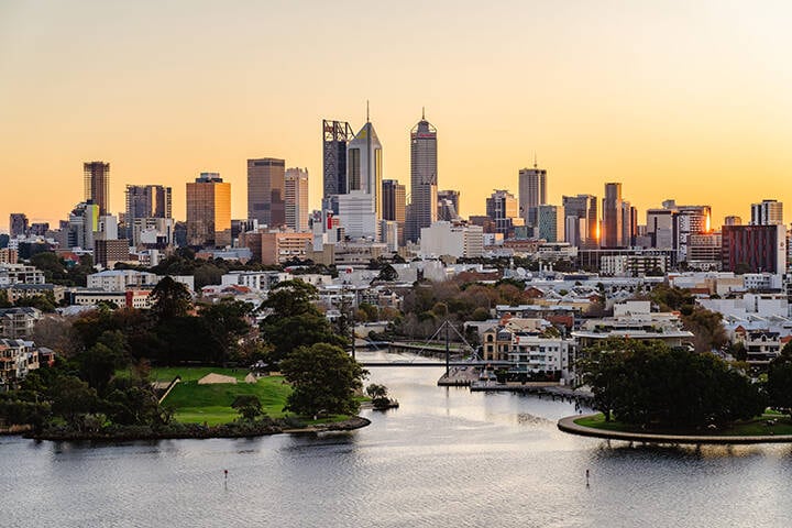 View of Perth city and skyline at sunset from the Vertigo Experience at Ozone Optus Stadium, Burswood 