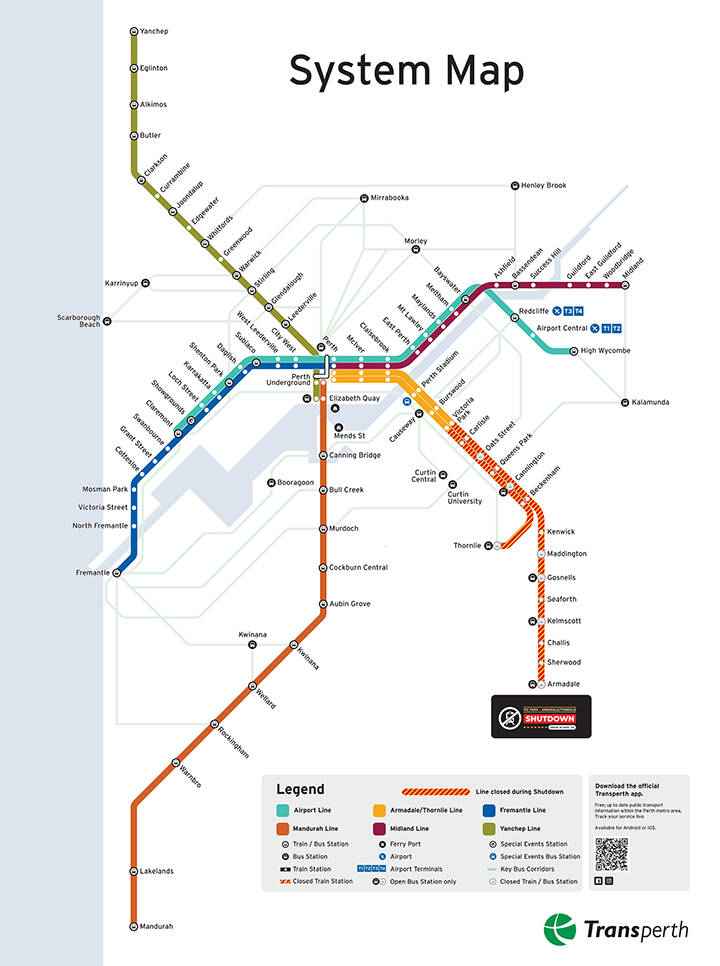 Map of Perth train lines and routes.  