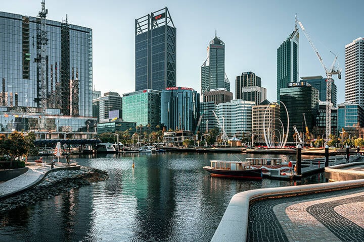 City skyline at Elizabeth Quay in Perth, WA