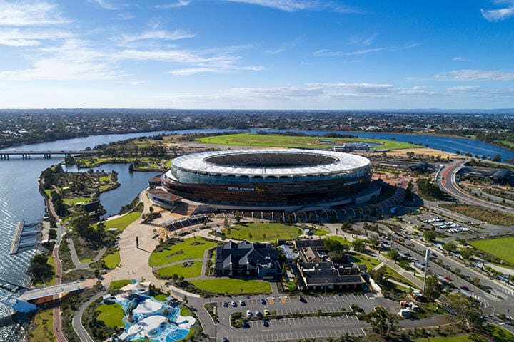 Aerial view of Stadium Park and Optus Stadium on the Swan River 