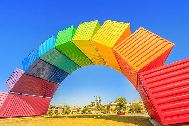 Rainbow sea container in Fremantle Port near Perth, Western Australia.