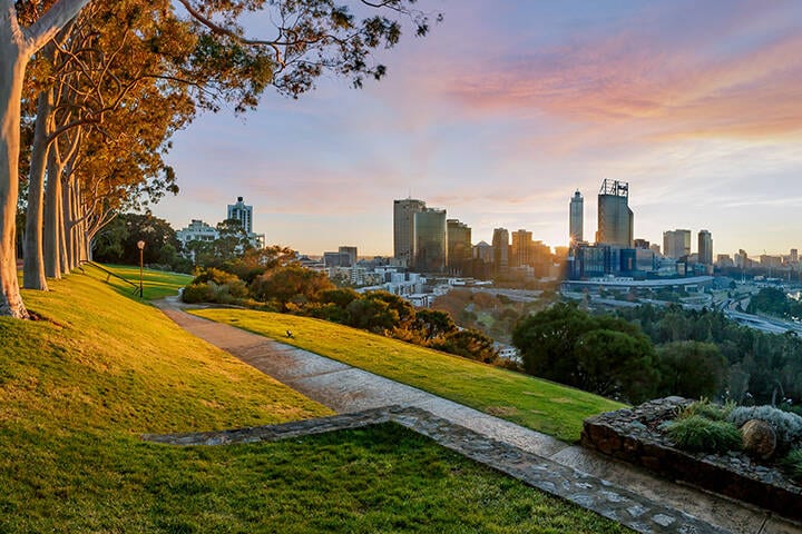 Cityscape of Perth Western Australia as the sun rises from one of its top attractions and things to do, Kings Park
