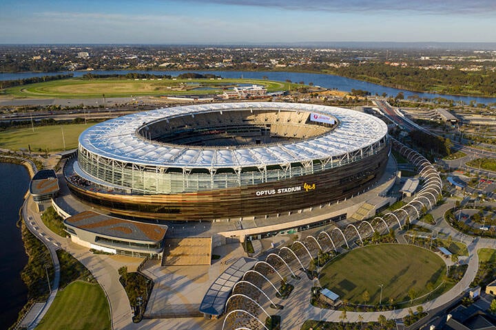 Aerial view of the Optus stadium at dawn in Perth, Western Australia 