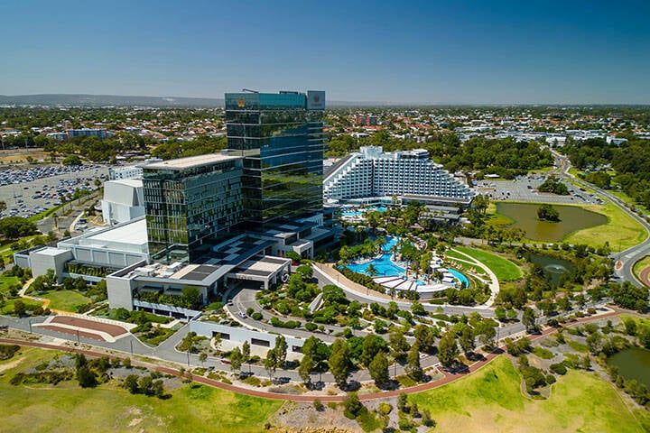   Aerial view of Crown Perth, a resort and casino in Burswood, Perth, Western Australia 