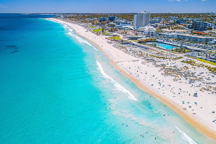 Aerial view of Scarborough Beach, Perth, Western Australia, with pristine white sands  