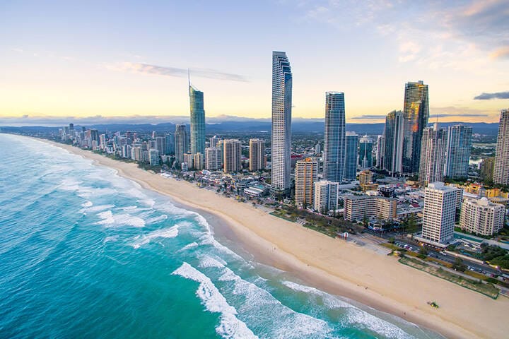 An aerial view of Surfers Paradise on the Gold Coast, Australia