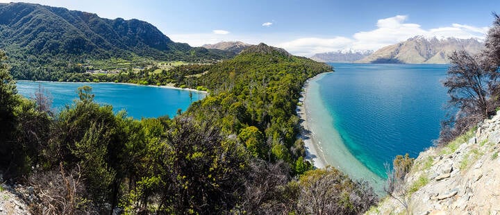 Panoramic shot of lakes and mountains from the Bobs Cove Track, Queenstown, New Zealand