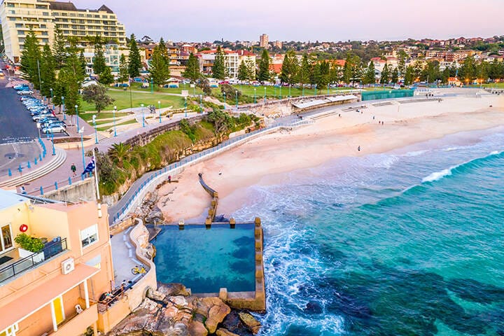 Aerial view of Coogee ocean pool and Beach in Sydney’s eastern suburbs