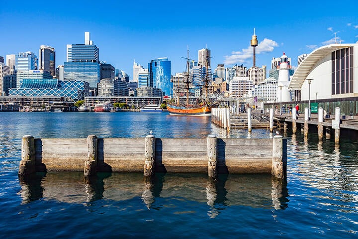 Darling Harbour wharf and skyline, Sydney, Australia