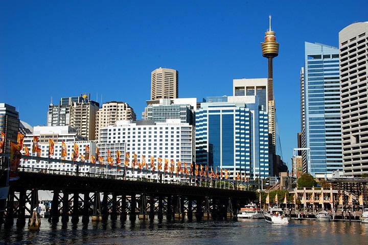 View on Pyrmont Bridge, Sydney Tower Eye, and CBD from Darling Harbour 