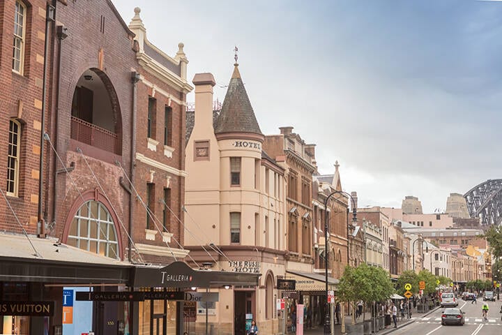 Heritage buildings on George Street, The Rocks, one of the oldest and busiest shopping streets in Sydney and Australia. 