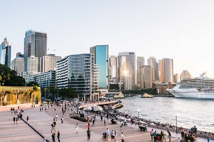 City skyline with people walking by water at Darling harbour in Sydney, Australia. 