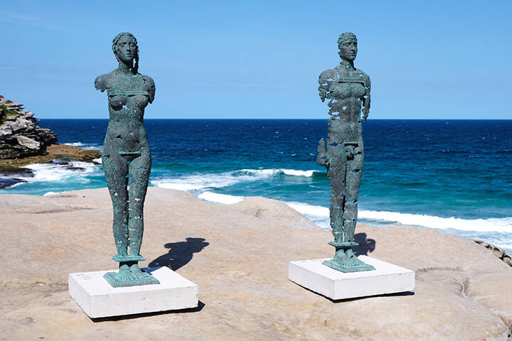 Annual Sculpture by the Sea exhibition held on the spectacular Bondi beach to Tamarama beach coastal walk. Famous Bondi beach at the background