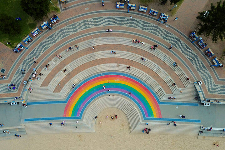 Aerial view of Rainbow painted on Coogee Walk way 