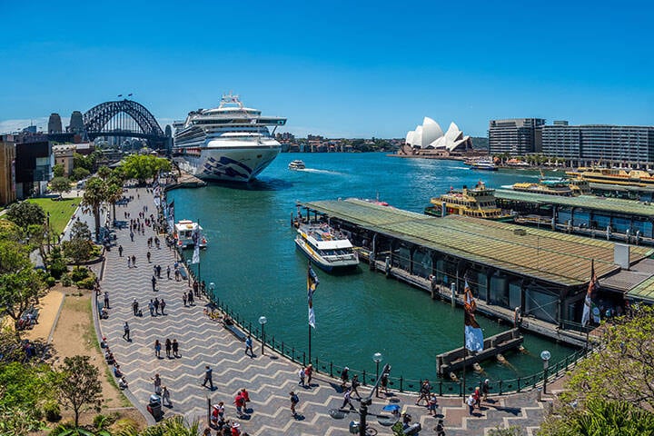 Crowds at Circular Quay in Sydney on a sunny day 