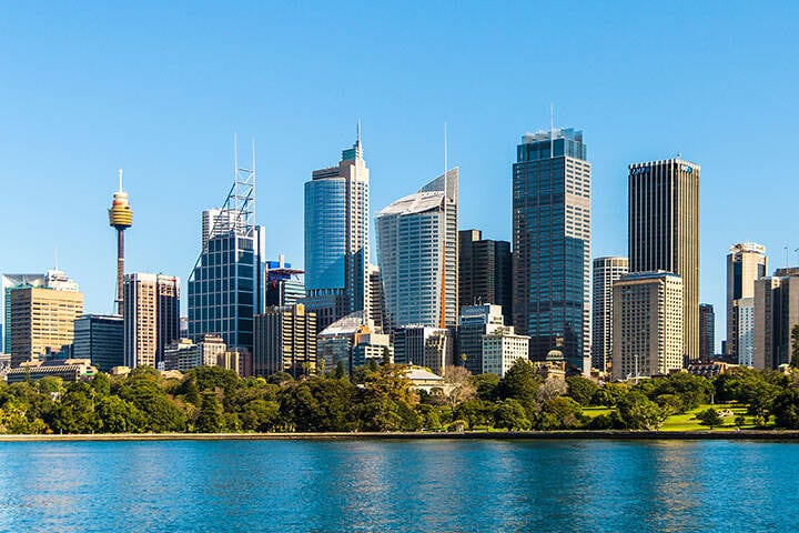 Panoramic view of Sydney skyline, including Sydney Tower Eye.