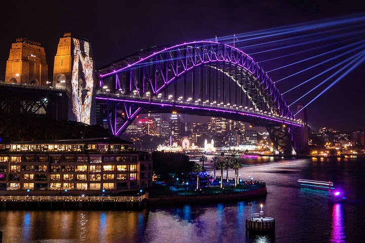 Sydney Harbour Bridge illuminated during Vivid Sydney, an annual event that takes place during Sydney winter 