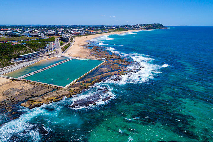 The scenic coastline of the city of Newcastle with views of Merewether Baths.