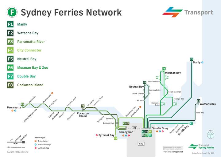 Map of Sydney light rail nework, including lines, routes and stations