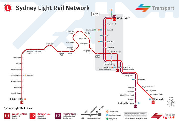 Map of Sydney light rail network, including lines, routes and stations