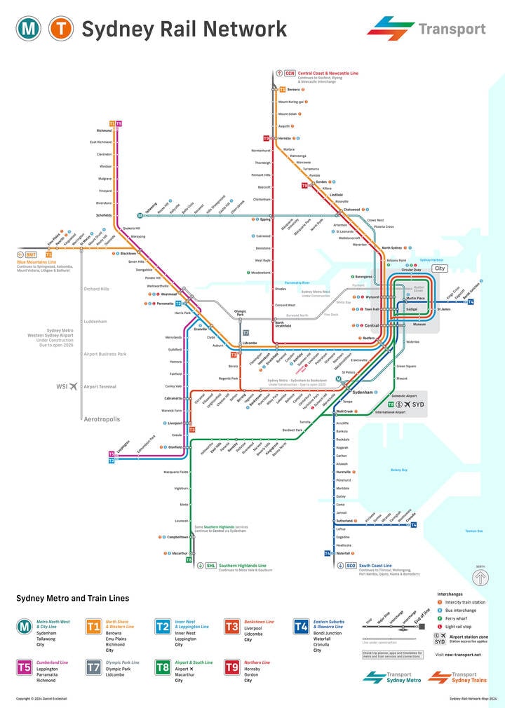 A map of Sydney's rail network, indicating lines and stations