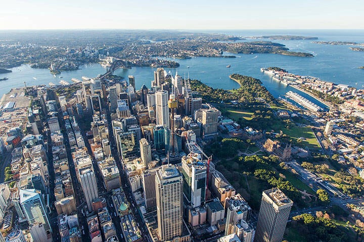 Aerial view of Sydney CBD and Harbour. The Sydney CBD is the main commercial centre of Sydney, the state capital of New South Wales and the most populous city in Australia