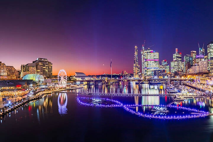 Darling Harbour illuminated at nighttime