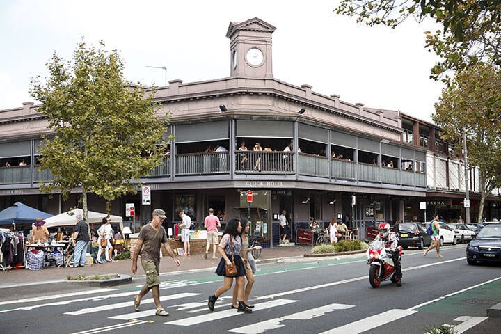 People walking around and weekend markets at The Clock Hotel on Crown Street, Surry Hills