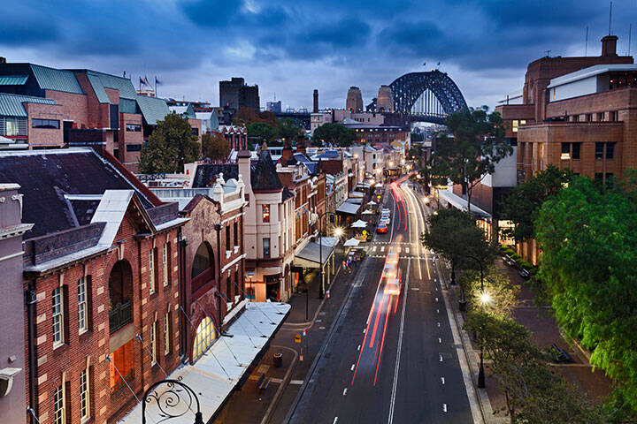 The Rocks at sunset, featuring historic buildings and Sydney Harbour Bridge