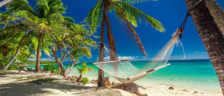 Empty hammock in the shade of palm trees on tropical Fiji