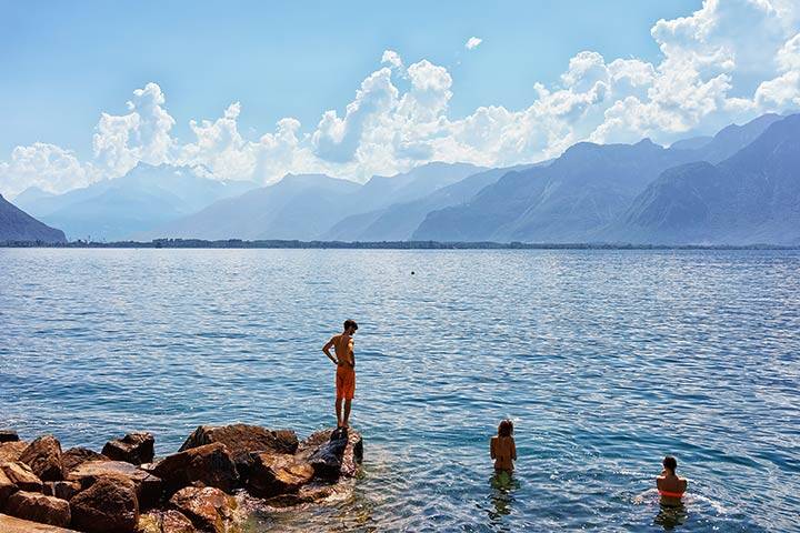 People swimming in Geneva Lake in Montreux