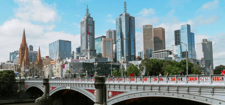 Melbourne city skyline against blue sky