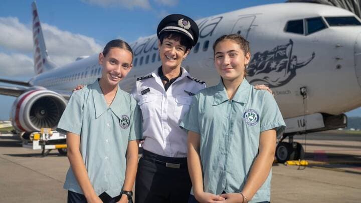 Virgin Australia Captain Louise Hudson with Townsville State High School students Charlotte and Addison