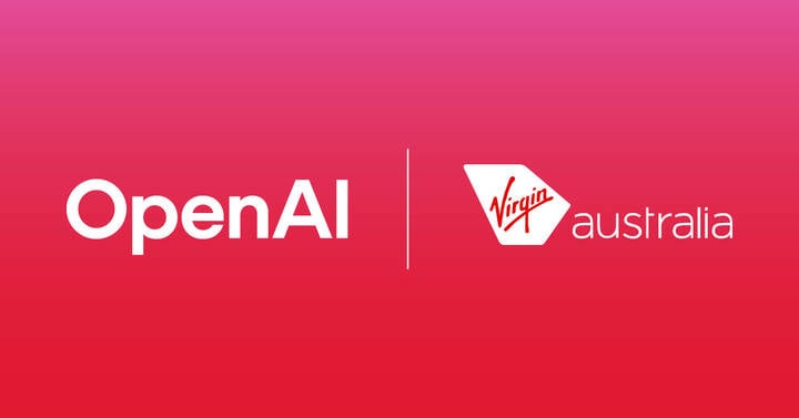 OpenAI logo and Virgin Australia logo side by side on a red gradient background, representing a collaboration announcement.