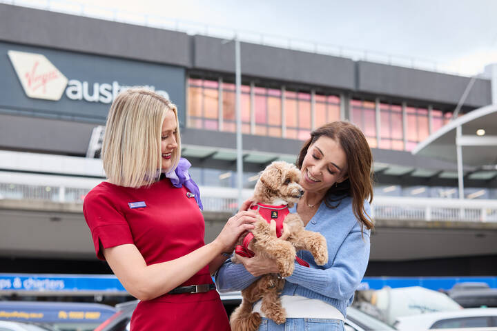 Virgin Australia flight attendant standing next to passenger holding pet ready to travel on a flight